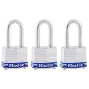 Master Lock Steel / 1-1/2" shackle / 3 Pack, Keyed-Alike Keyed Padlocks