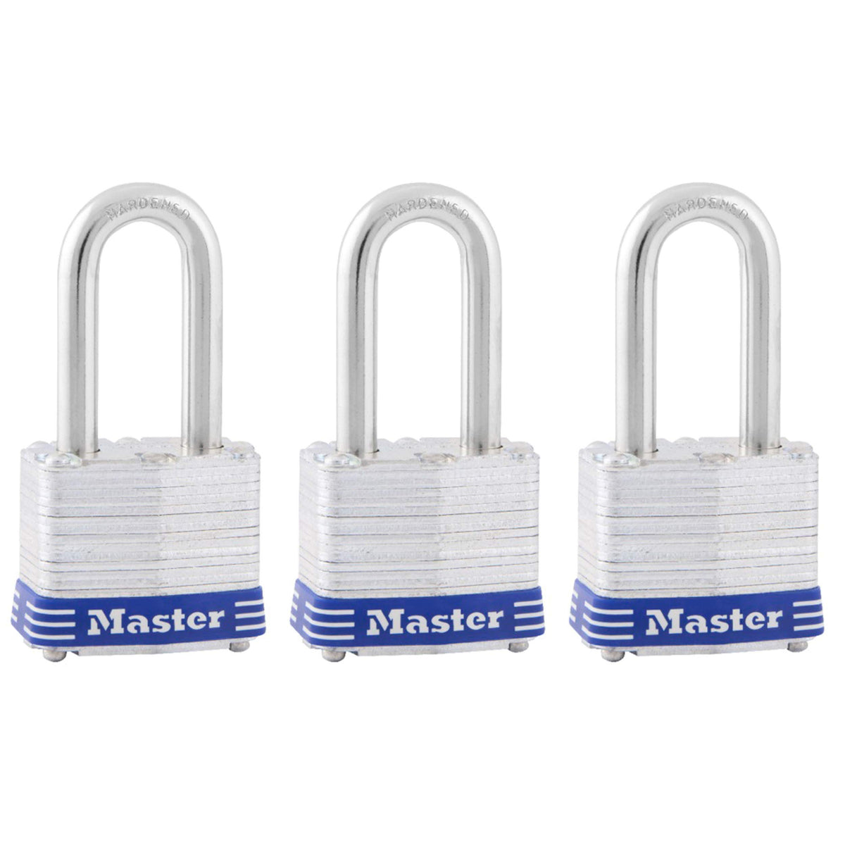 Master Lock Steel / 1-1/2" shackle / 3 Pack, Keyed-Alike Keyed Padlocks