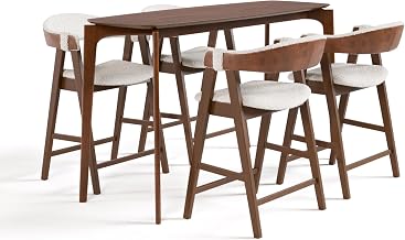 Furniture of America Alara Mid-Century Modern Solid Wood 5 Piece Brown Rectangle Counter Height Dining Table Set with Upholstered Chairs, Seats up to 4, for Home, Kitchen, Living Room, Walnut