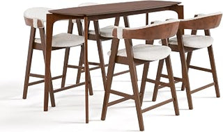 Furniture of America Alara Mid-Century Modern Solid Wood 5 Piece Brown Rectangle Counter Height Dining Table Set with Upholstered Chairs, Seats up to 4, for Home, Kitchen, Living Room, Walnut