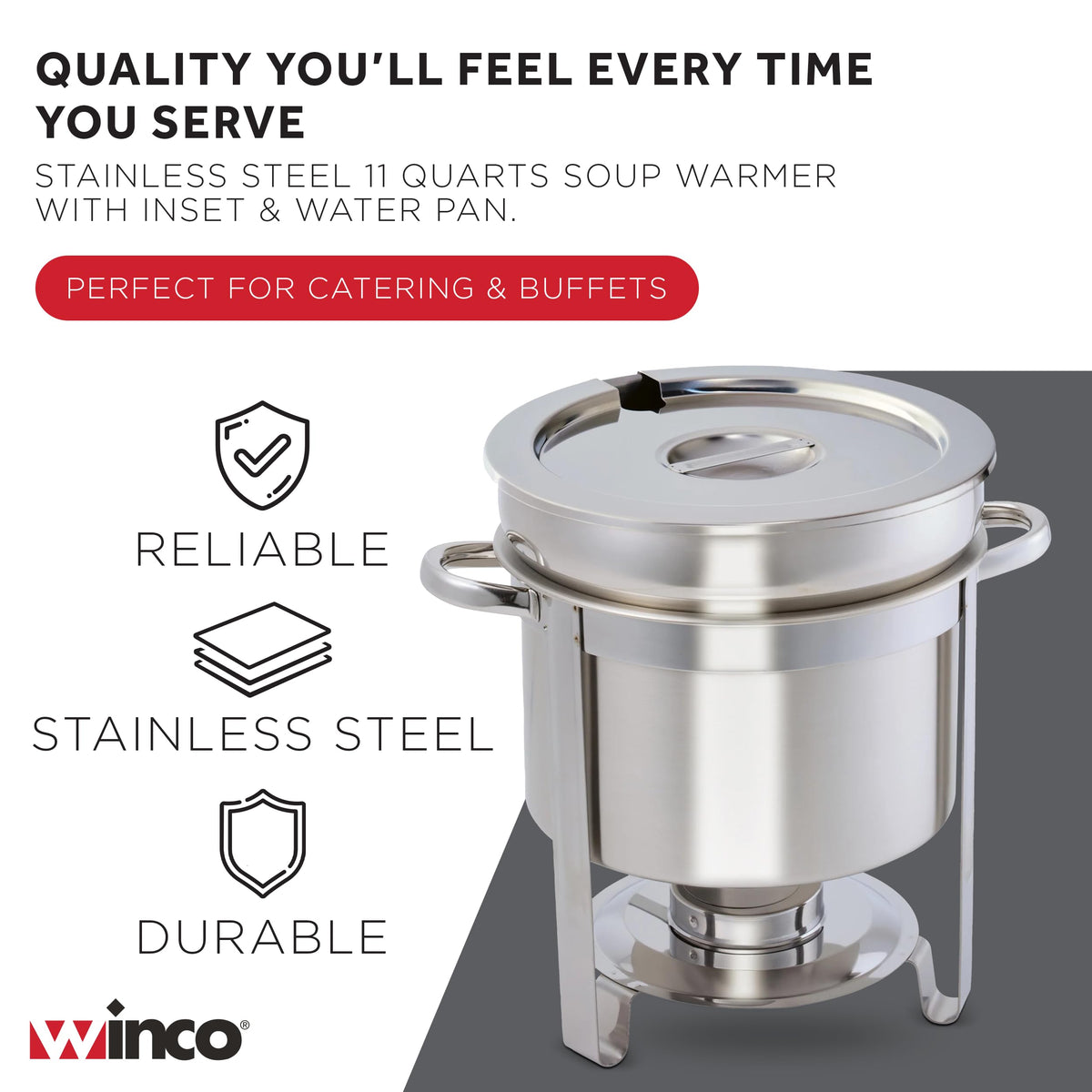 Stainless Steel Marmite Soup Chafer 11qt Round W/ Cover & Fram by Winco – Medium, 11.0 quarts, Stainless Steel