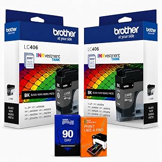 Brother Genuine LC406 Black 2-Pack Standard Yield Ink Cartridge for MFC-J4335DW, MFC-J4345DW XL, MFC-J4535DW, MFC-J5855DW, MFC-J6555DW Bundle with Deco Essentials Printer eBook