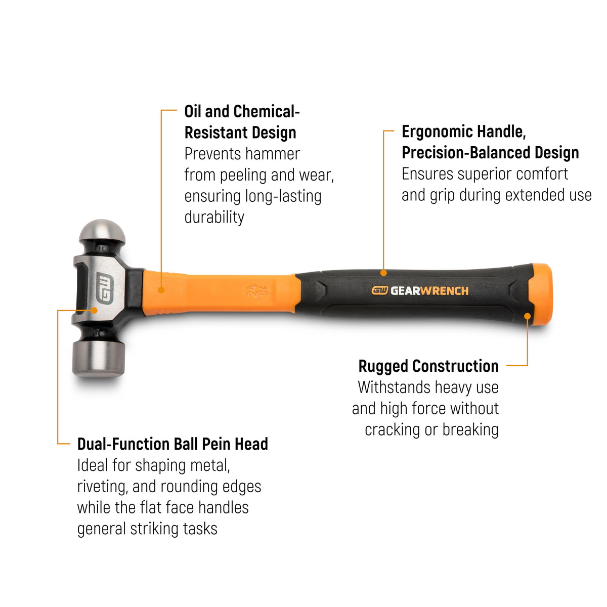 24 oz. Ball Pein Hammer with Fiberglass Handle by GEARWRENCH – Silver/Black, Model GWHFGBP24