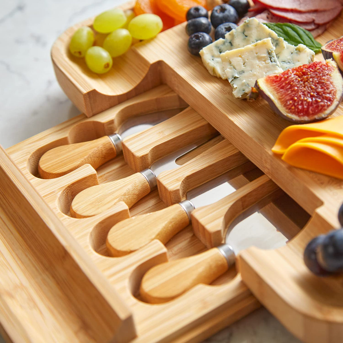 RoyalHouse Bamboo Cheese Board with Slide Out Knife Drawer, Medium to Large, Natural
