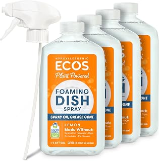 ECOS Foaming Dish Soap, Powerful Spray-On Formula, Saves Water, Wipe & Rinse Dish Cleaner - Hypoallergenic - Lemon, 17 Fl Oz (Pack of 4)