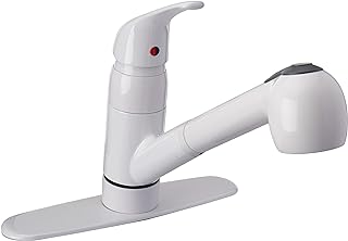 Pfister Pfirst Series Kitchen Sink Faucet with Pull Out Sprayer Single Handle Mid Arc White Finish 1.75 GPM 360 Degree Swivel Spout Ceramic Disc Valve Technology G13310WW