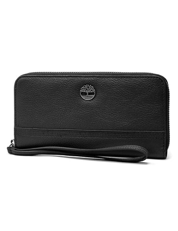 Women's Leather Rfid Zip Around Wallet Clutch With Wristlet Strap by Timberland – One Size, Leather, Black (Pebble), Model DW0101/08