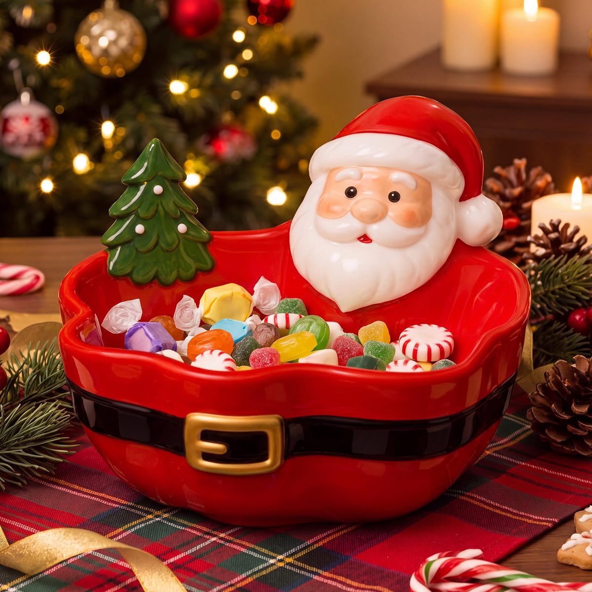 Vesici Santa Claus Candy Bowl, Ceramic Snack Dish, Red