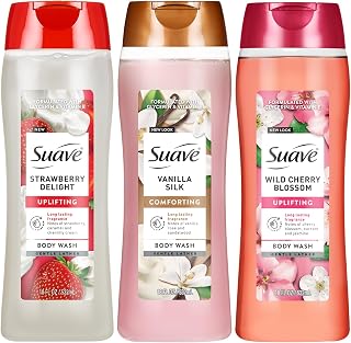 Suave Body Wash Variety 3-Pack – Sweet Vanilla Silk, Strawberry Delight, and Wild Cherry Blossom for Hydrating and Gently Cleansing Skin, 18 Oz Ea