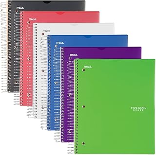 Mead Five Star Notebook + Study App - 5 Subject Notebook College Ruled - Water Resistant Customizable Cover - Spiral Notebook 8.5 X 11-200 Sheets - Assorted Colors - 6 Pack
