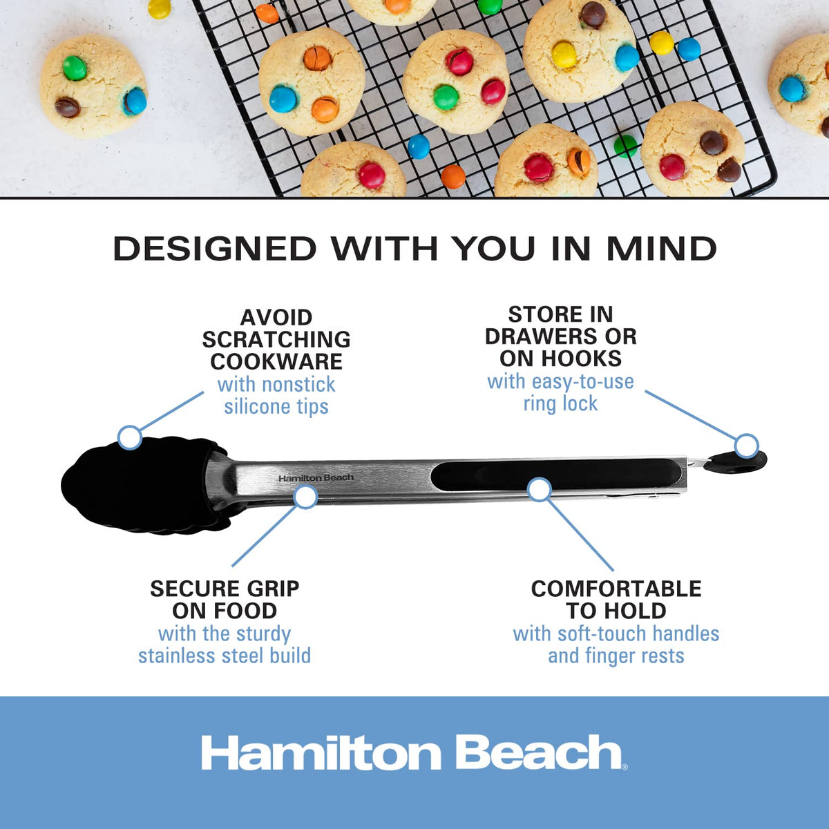 Stainless Steel 12in Food Tong with Silicon Top by Hamilton Beach – Tongs, Stainless Steel, Black, Model HGA107