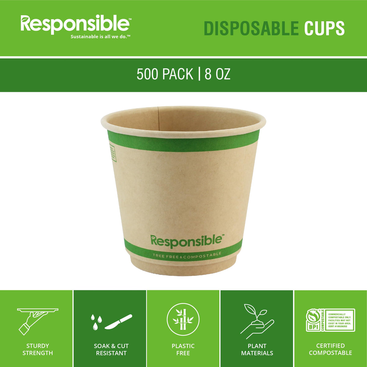 Smooth Insulated Paper Hot Cups (squat) by Responsible Products – 8 Ounces, Paper, Brown, Pack of 500, Model RP-SDC08-90-500
