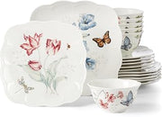 Lenox Butterfly Meadow Square Porcelain 18-Piece Dinnerware Set for 6 | ceramic, dishwasher safe, microwave safe | plates and bowls sets for kitchen and dining, dish set, dishes