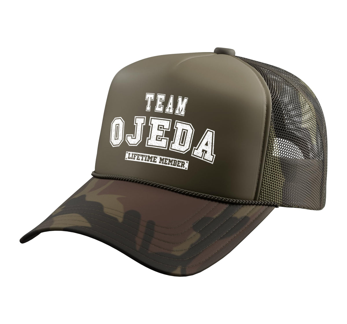Team OJEDA Lifetime Member Family Last Name Trucker Hat with Adjustable Mesh Back by OJEDA Family Apparel – Polyester, Camo Green
