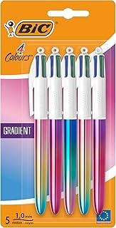 BIC 4 Colours Gradient Pens, Multi Coloured Pens All In One, Retractable Pens, Medium 1.0mm, Green, Blue, Red, Black, 5 Pens Per Pack, 1 Pack