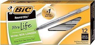 BIC(R) Round Stic(R) Ballpoint Pens, Medium Point, 1.0 mm, Translucent Barrel, Black Ink, Pack of 12