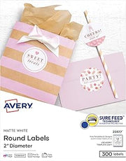 Avery Printable Round Labels, Sure Feed® Technology, 2" Diameter, Matte White, Laser & Inkjet Compatible, 300 Blank Labels Total, Great for Branding, Packaging, Events, and More (22877)