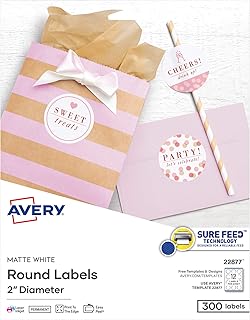 Avery Printable Round Labels, Sure Feed® Technology, 2" Diameter, Matte White, Laser & Inkjet Compatible, 300 Blank Labels Total, Great for Branding, Packaging, Events, and More (22877)