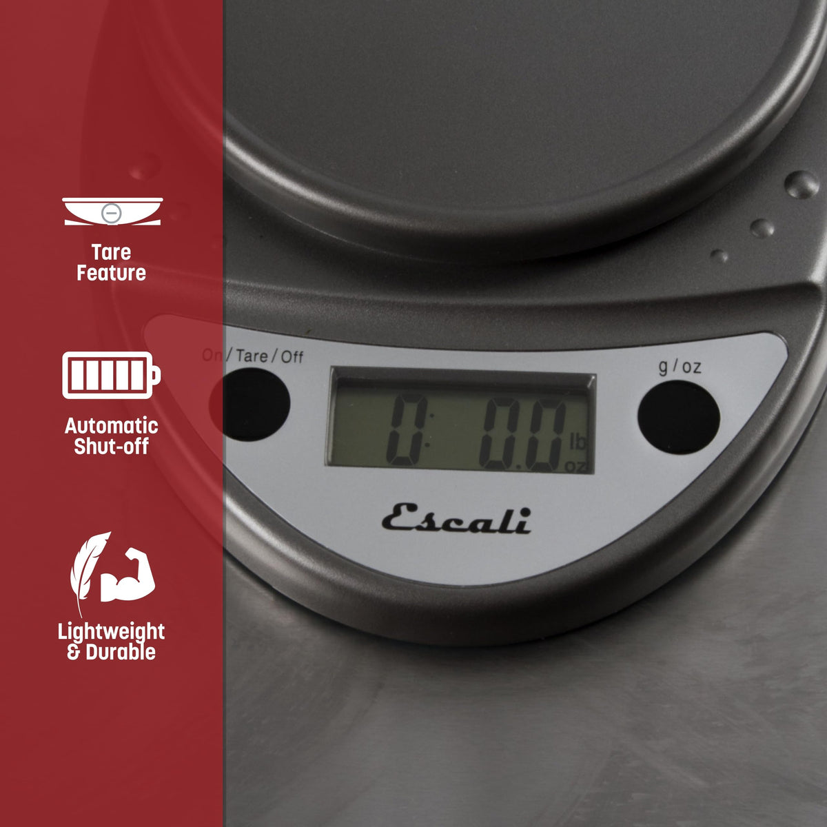 "Escali Primo Digital Kitchen Scale – Digital Food Scale Grams and Ounces for Cooking by San Jamar – 11 Pound Capacity, 0.0 ounces, Plastic, Metallic, Model SCDG11M