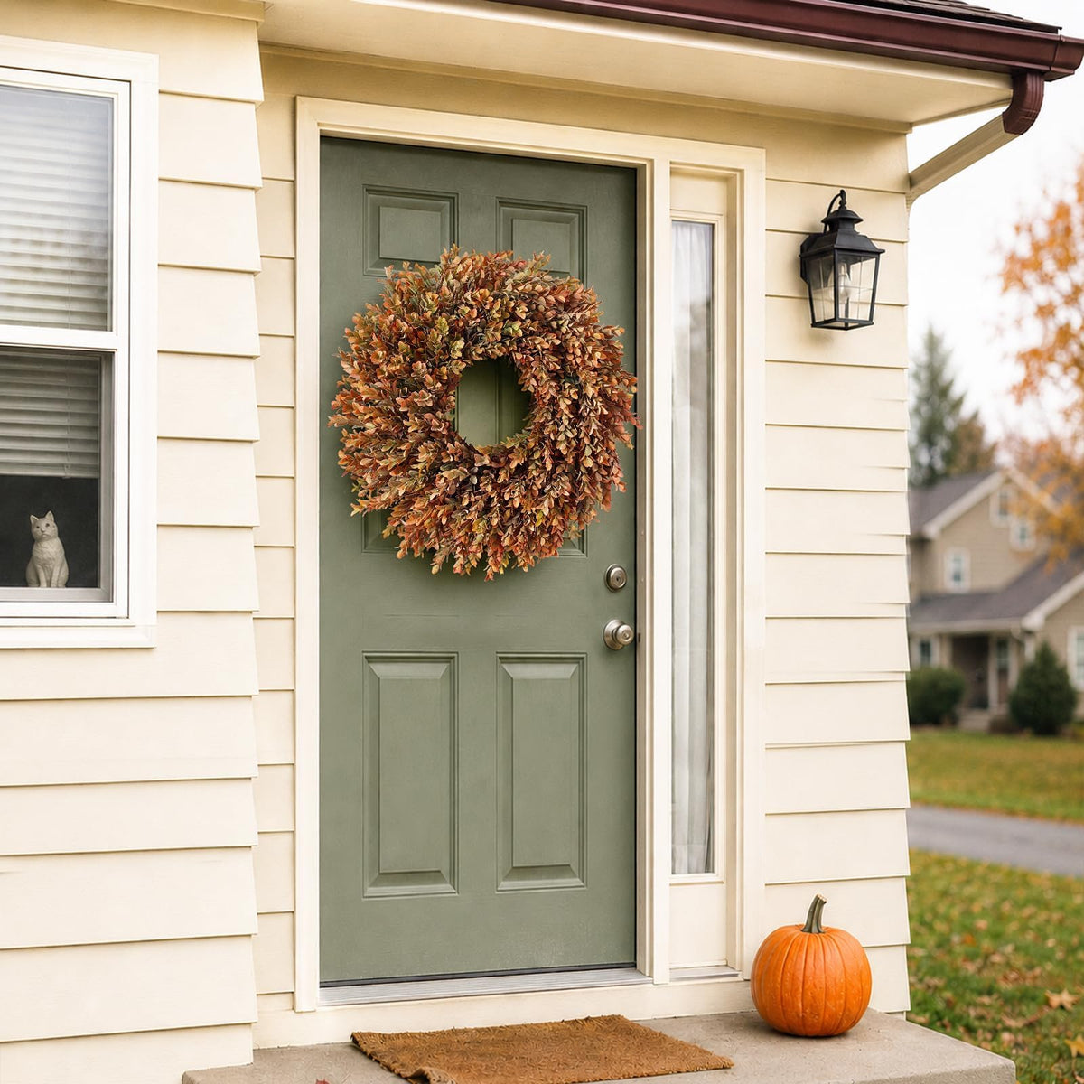 Juxdp Artificial Fall Azalea Wreath, 26 Inch, Orange-Green