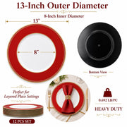 Osgevei Beaded Charger Plates, 13 Inch Round Plastic Set of 12, Red with Gold Rim