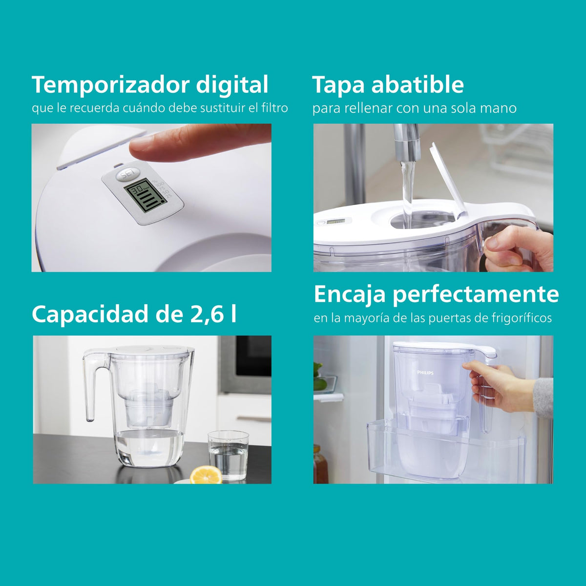 Water Filter Jug +3 Micro X-Clean Replacement Filter Cartridges by PHILIPS – 8-Cup, 2.6 liters, Plastic, White, Model ‎AWP2933WHT3/31