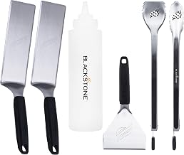 Essential Griddle Accessory Toolkit for Cooking, 6 Piece | Blackstone® 5464 Long Spatulas, Angled Scraper Classic Tong, 32oz Squeeze Bottle, Outdoor Grill BBQ Utensils, Heat Resistant
