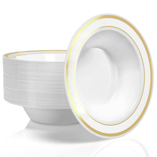 Plastic Party Bowls (50 Pack) 12 Oz Elegant Disposable Dinnerware - Fancy Shatterproof Tableware for Catering by Stock Your Home – 50 Pack, 12.0 ounces, Plastic, Gold, Model 3004