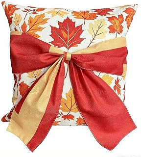 Autumn Maple Leaf Throw Pillow Cover 45x45 cm, Farmhouse Thanksgiving Decorative Cushion Case with 3D Red Gold Bow, Soft Linen-Like Fabric, Machine Washable, for Sofa Living Room Patio