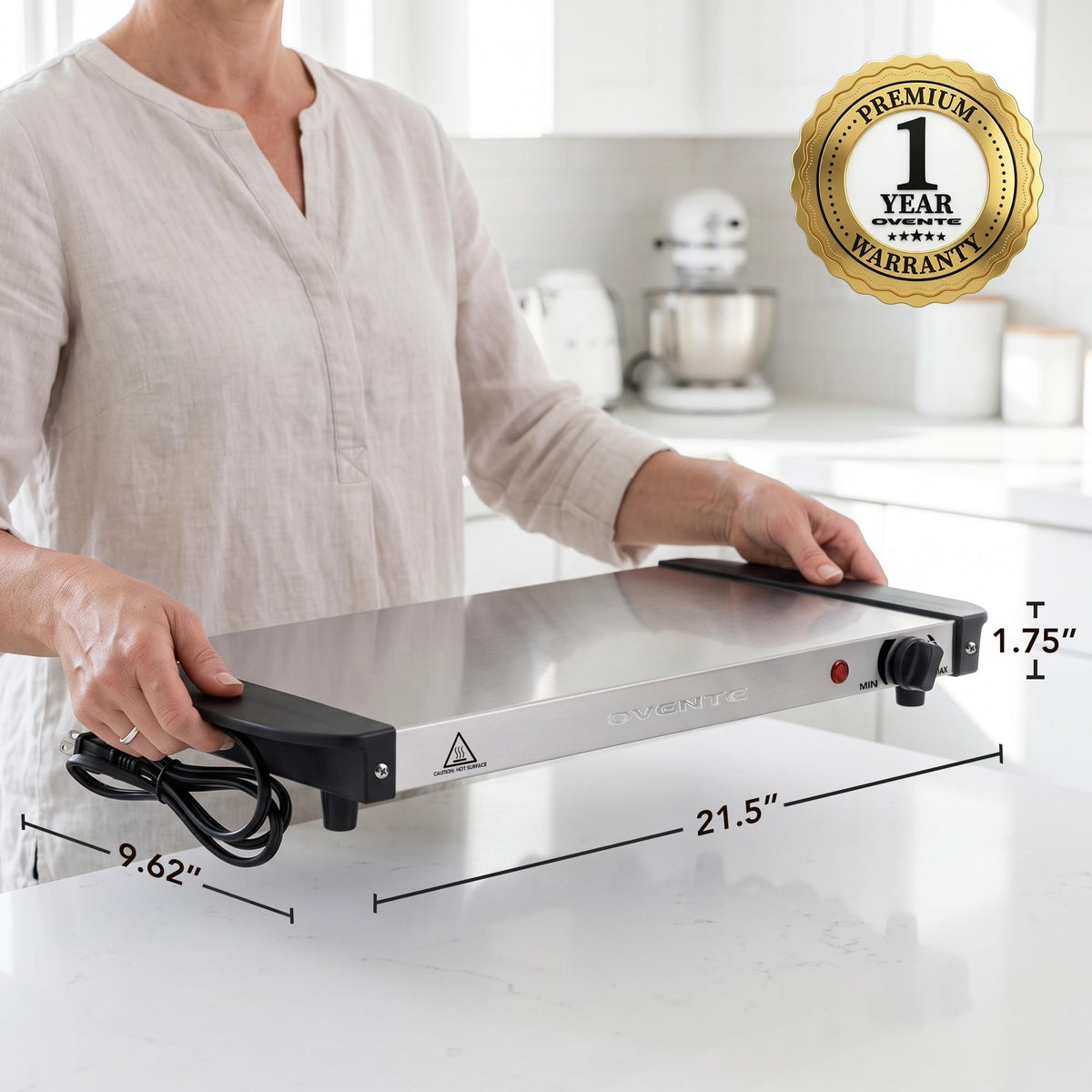 Ovente Electric Warming Tray, Adjustable Temperature Control, Silver