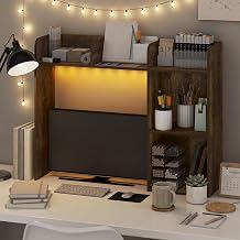 Furinno Classic Desk Shelf with LED Lights, 5-Shelf Hutch, Amber Pine