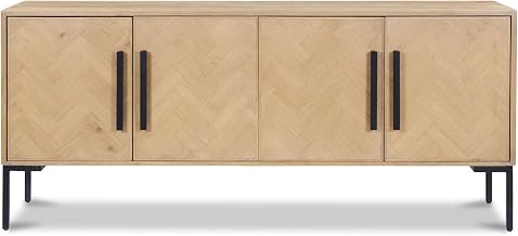 Fishbone Sideboard, Fishbone Door Fronts, Solid Oak, Iron Base, Two Interior Shelves, Stain Resistant, Natural