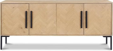 Fishbone Sideboard, Fishbone Door Fronts, Solid Oak, Iron Base, Two Interior Shelves, Stain Resistant, Natural