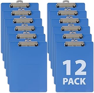 Officemate Plastic Clipboard, 12.5 x 9-Inches, Letter Size Document Holder with Low-Profile Metal Clip, Retractable Hanging Hole, Arctic Blue, Pack of 12