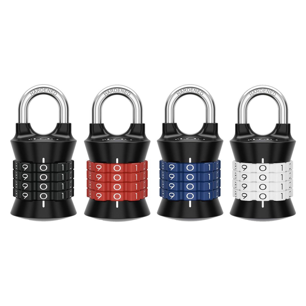 Resettable Combination Padlock by Master Lock – 4 Pack, Metal, Black, Blue, Red, White, Pack of 4, Model 1535EC4