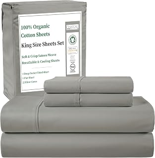Organic Cotton Sheets King Size Sheets Set, Luxury Sateen Weave - Silver | King Sheet Set, Silky Soft & Naturally Cool 15" Deep Pocket Long Staple Organic Cotton Bed Sheets, GOTS & OEKO TEX Certified