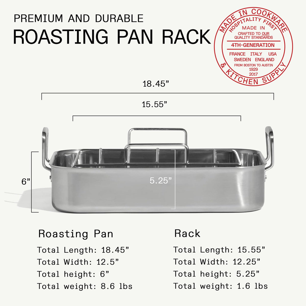 Made In Stainless Roasting Pan With Rack, 18.45 Inch, Silver