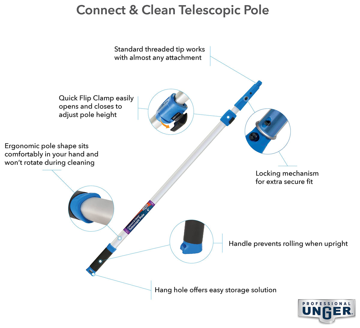 Professional Connect & Clean 3’-6’ Aluminum Telescopic Extension Pole with Locking Cone & Quick-Flip Clamp by UNGER – 3 - 6 Foot (Pack of 2), Plastic, Plata, Model 972920