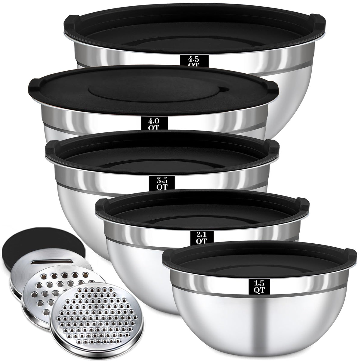 Boskermeal Mixing Bowl Set with Graters and Lids, 1.5 to 4.5 QT, Black