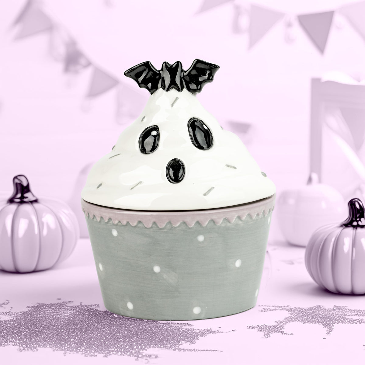 Bat Cupcake Canister by 10 Strawberry Street – Small, 9.0 fluid_ounces, Dolomite, Grey & White, Model DS-BTC-29-30-002