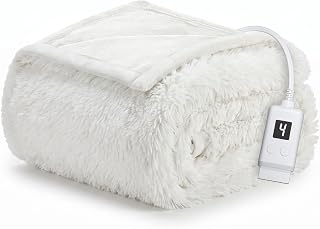 Sunbeam Heated Throw Blanket Fluffy Shag Faux Fur 4 Heat White 50x60