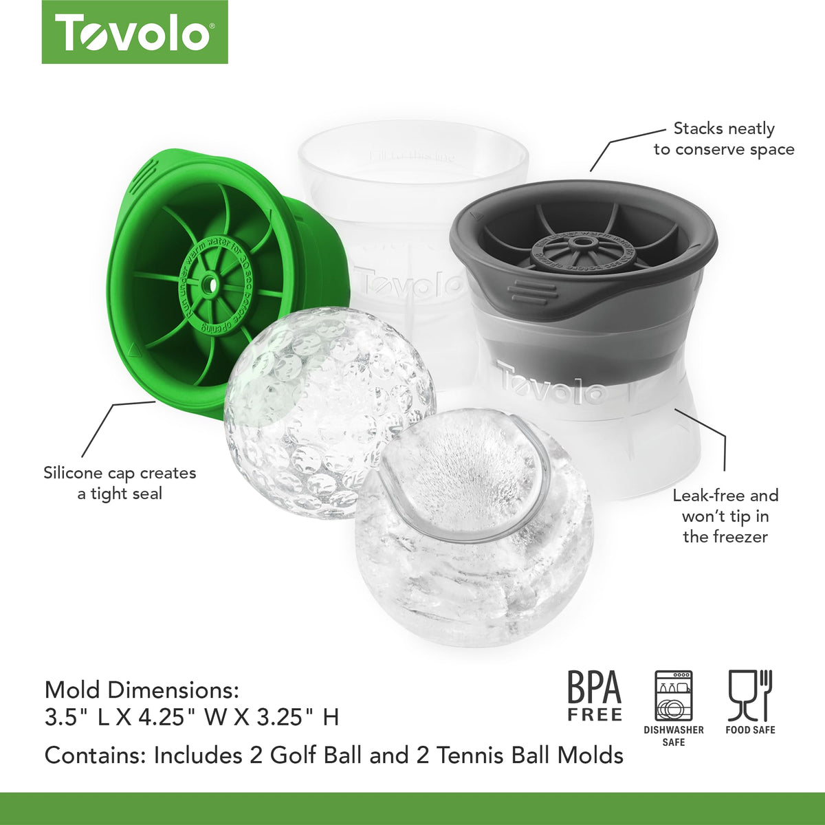 Sports Ice Mold Bundle Set of 4 Golf Ball and Tennis Ball Shapes Large Craft Ice Cubes for Whiskey Cocktails with Silicone Lids by Tovolo – Set of 4, 6 fluid_ounces, Silicone