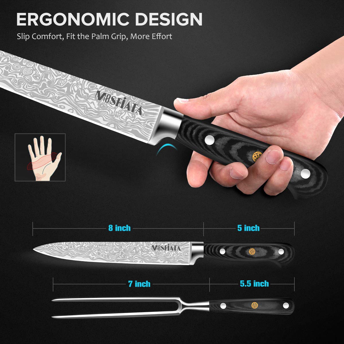 MOSFiATA Carving Knife and Fork Set, 8 Inch Blade with 7 Inch Fork, Silver