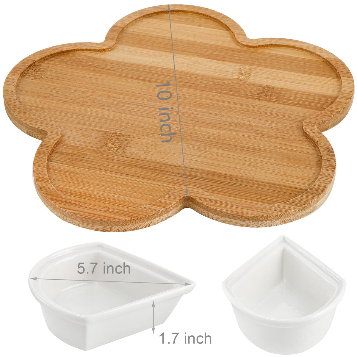 Yarlung Ceramic Divided Serving Set with Lids, 5 Removable Bowls on 10-Inch Bamboo Platter, Brown White