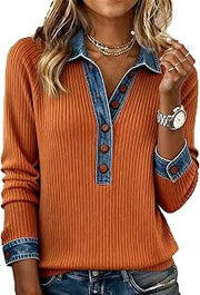 Waffle Long Sleeve Shirts for Women Denim Patchwork V Neck Tunic Tops