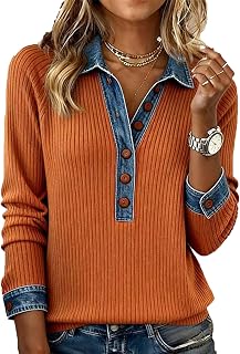 Waffle Long Sleeve Shirts for Women Denim Patchwork V Neck Tunic Tops