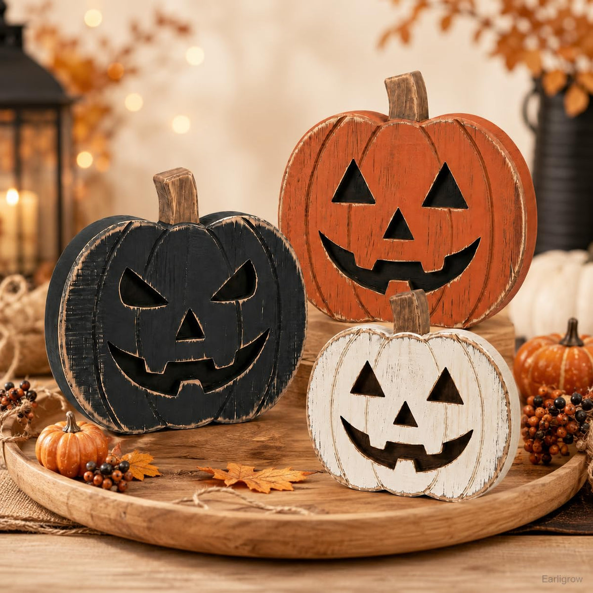 Earligrow Wood Pumpkin Set, Distressed Finish, Black and Orange
