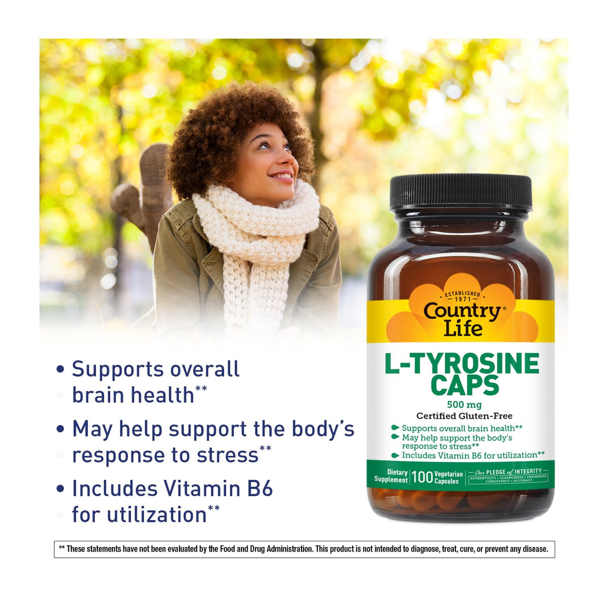 L-Tyrosine 500mg with Vitamin B6 Supplement - Certified Gluten-Free by Country Life – 100 Count (Pack of 1), Model 01456