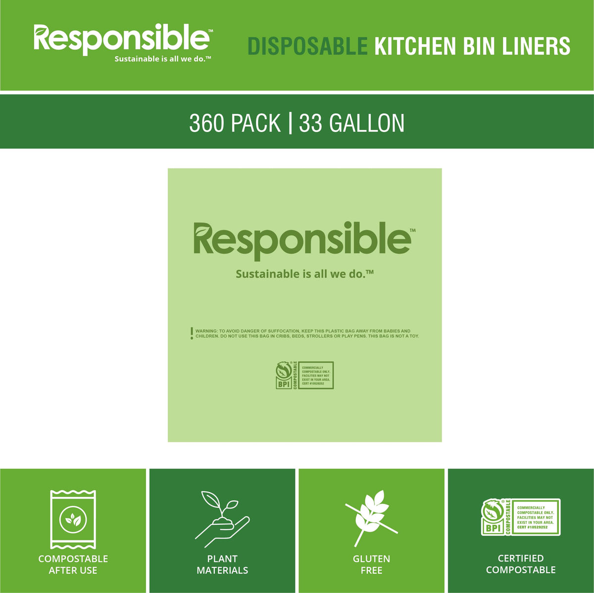 Compostable Tall Kitchen Trash Bags 33 Gallon - Heavy Duty Multipurpose Bin Liners for Food Scraps by Responsible Products – Pack of 360
