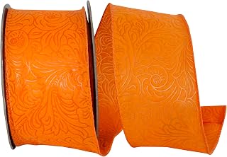 Reliant Ribbon Leaf Scroll Embossed Wired Edge, Orange, 2-1/2 Inch, 10 Yards